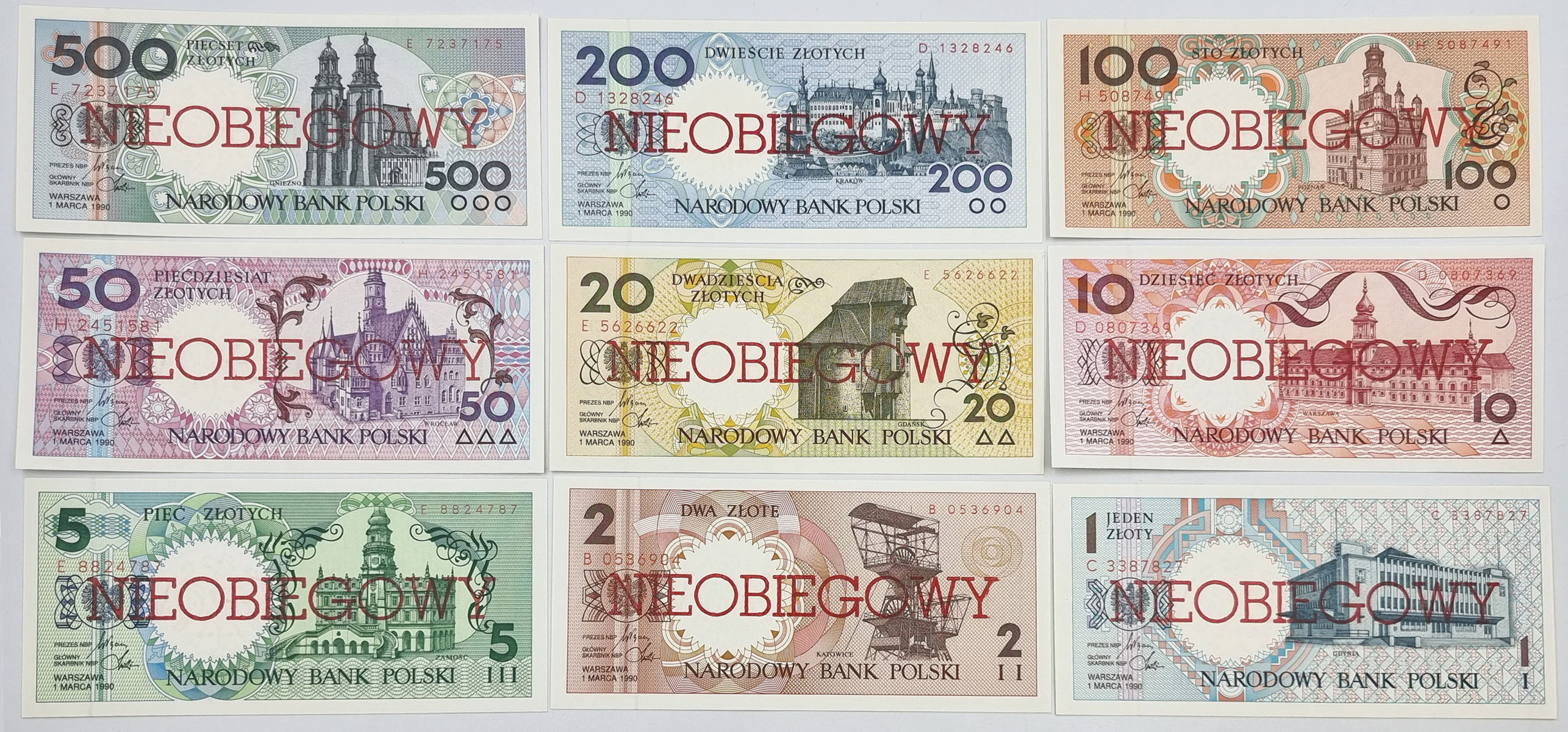 Miasta Polskie 1990 komplet banknotów 1-500 złotych – NIEOBIEGOWY